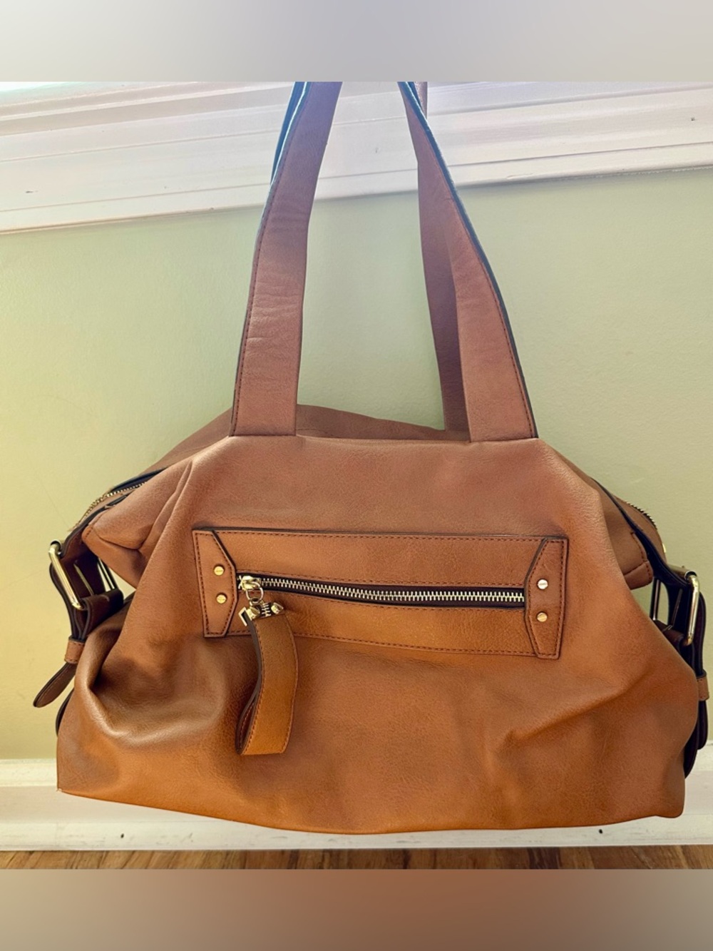 Structured Tan Leather-Look Tote with Front Zip Pocket
